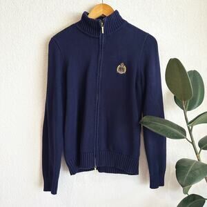 Lauren Ralph Lauren Full Zip Up Cardigan Sweater Large Embroidered Crest Preppy